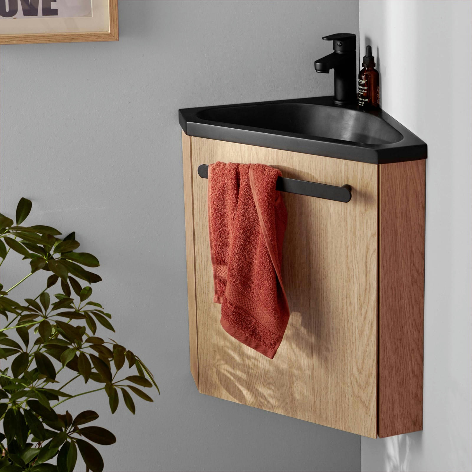 SKINO - Meuble lave-mains  décor chêne avec vasque noire + robinet noir