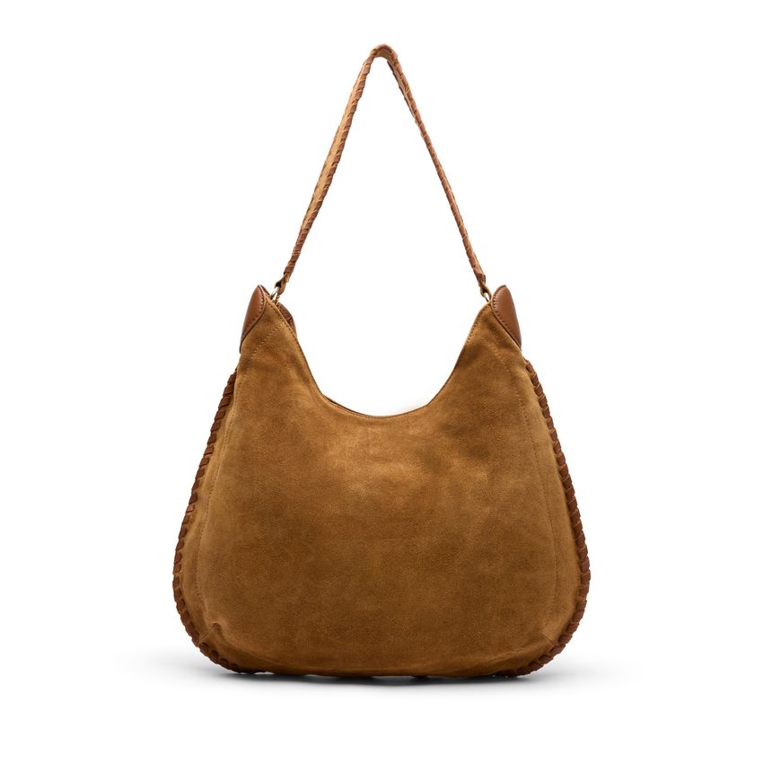 Manfield Cognac suède handtas met gevlochten details