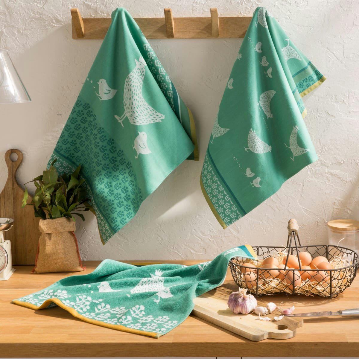 COCOTTE - Lot torchon et carré éponge en jacquard de coton vert 50x75
