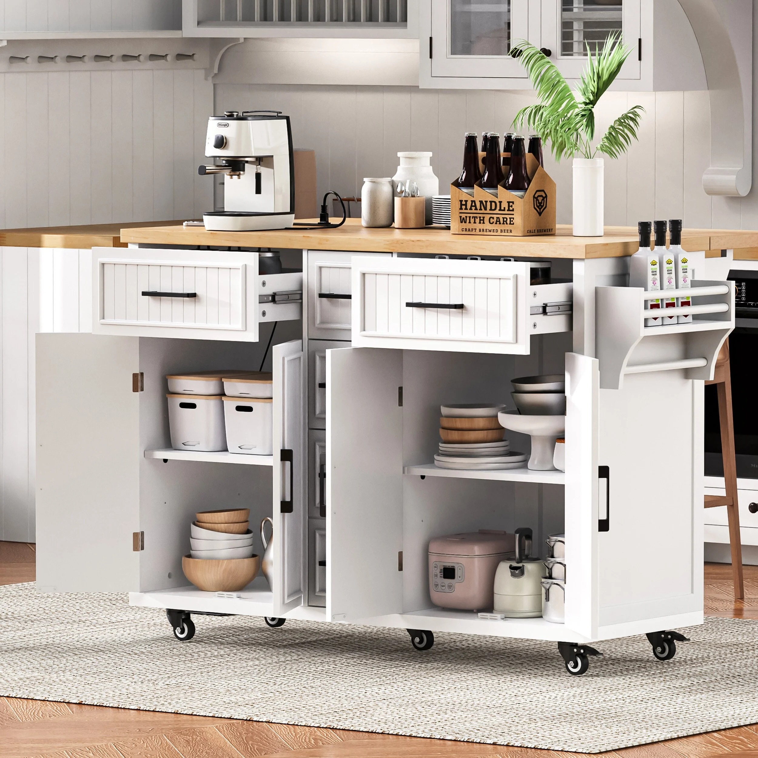 Kitchen Island, Embossed Vertical Stripe Rolling Storage Cabinet with Drop Leaf, Power Outlet, Drawers and Adjustable Shelves
