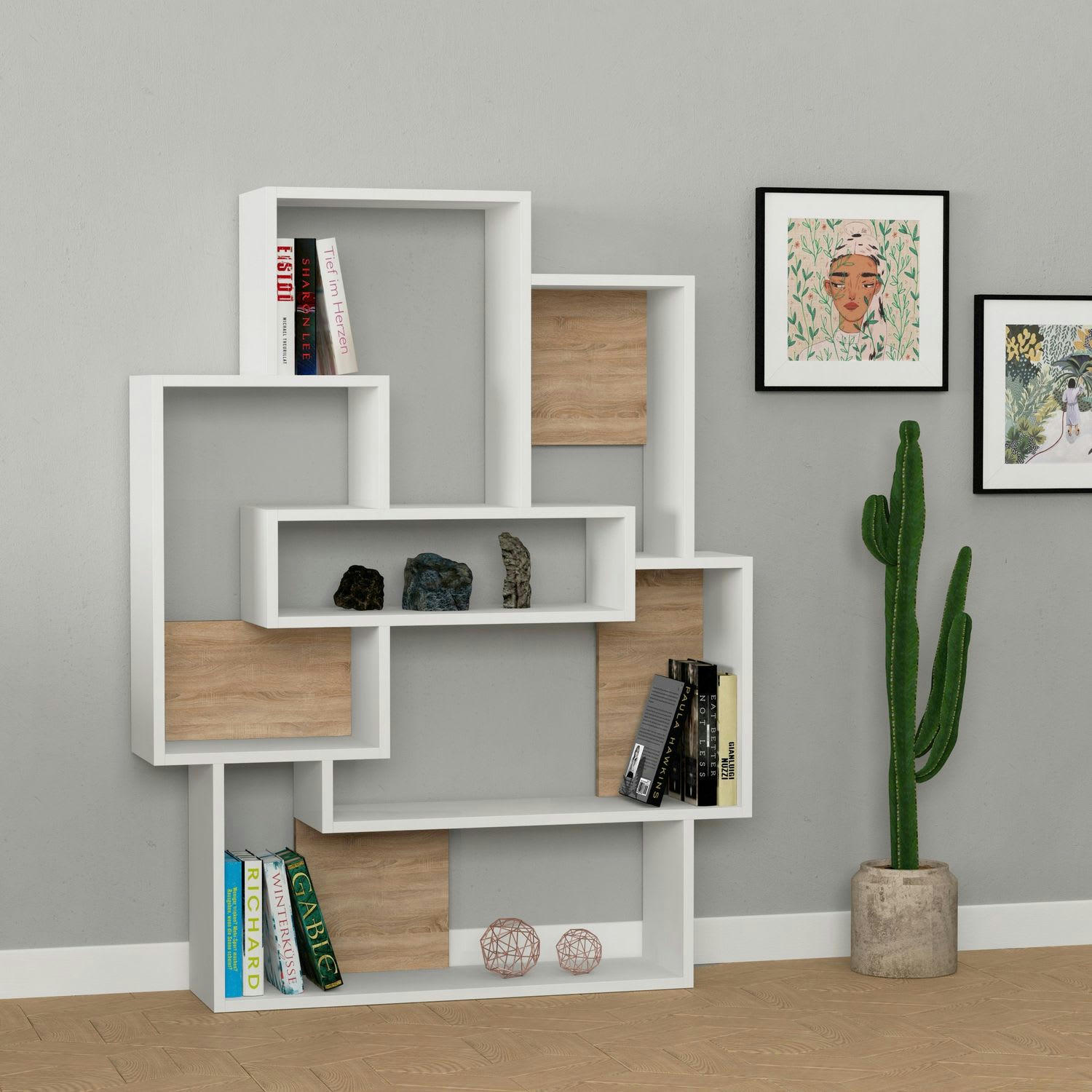 BARCE - Etagère bibliothèque design effet bois L. 101 x H. 132 cm blanc