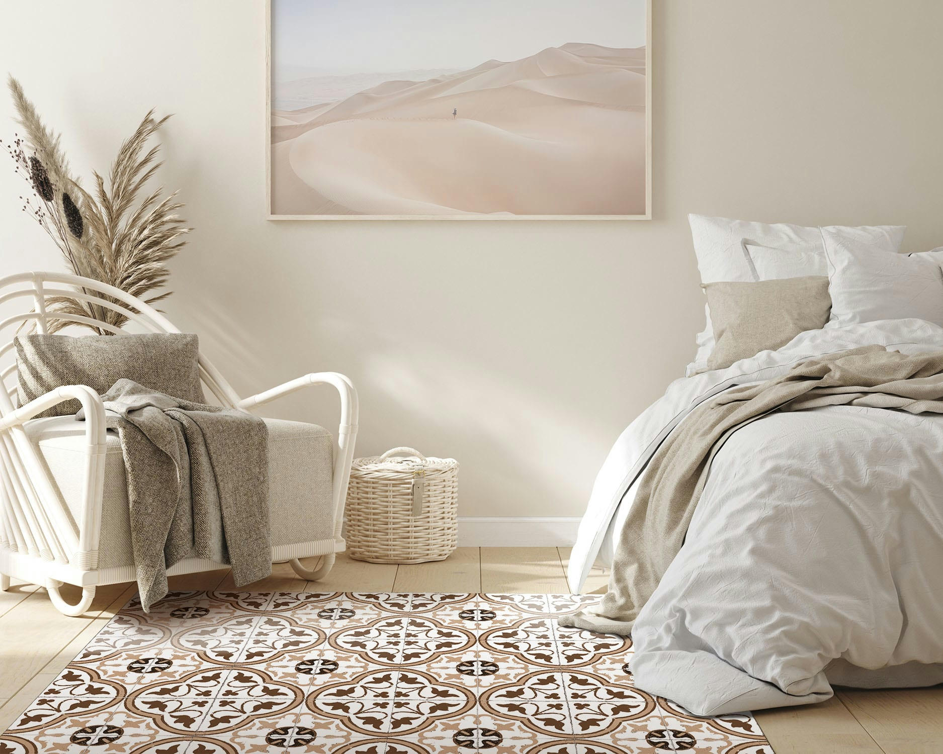 - Tapis vinyle carreaux ciments fleur brun 80x200cm