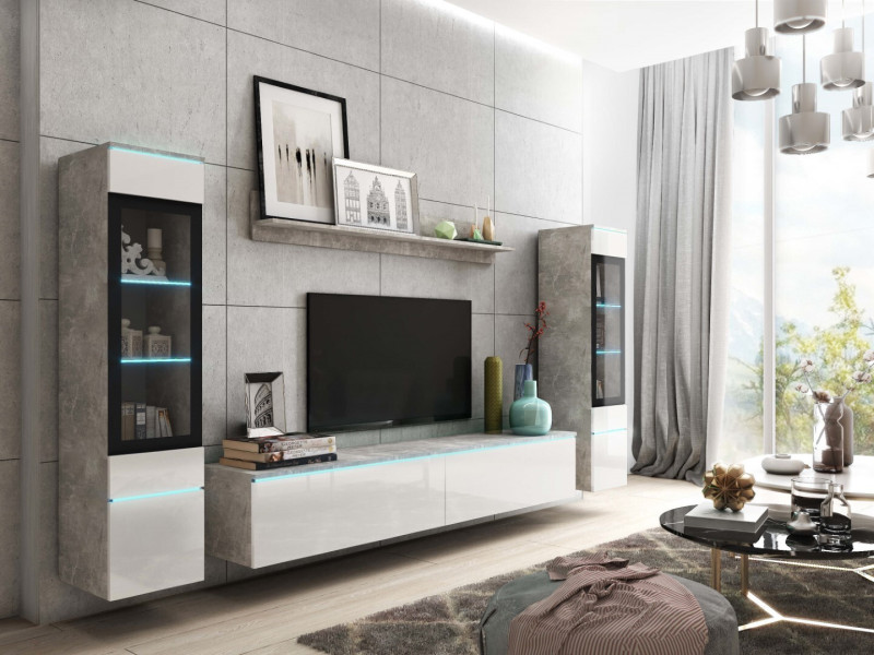 Meblościanka VEVE 2 w kolorze beton/biały połysk