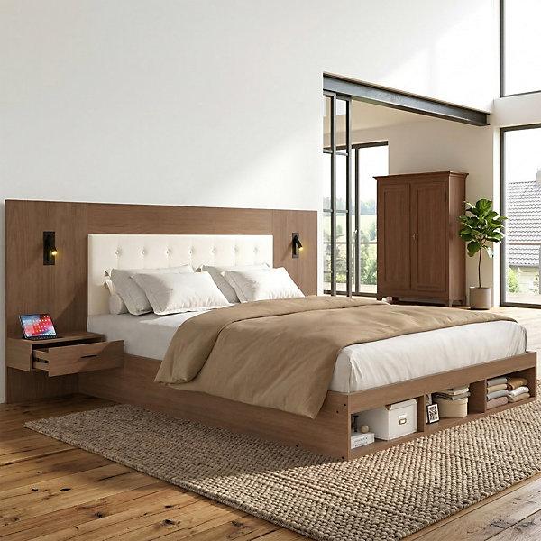 Lit double 180x200cm - avec 2 tables de chevet - ports USB et Type-C - avec lampe de lecture - Marron (matelas non inclus)