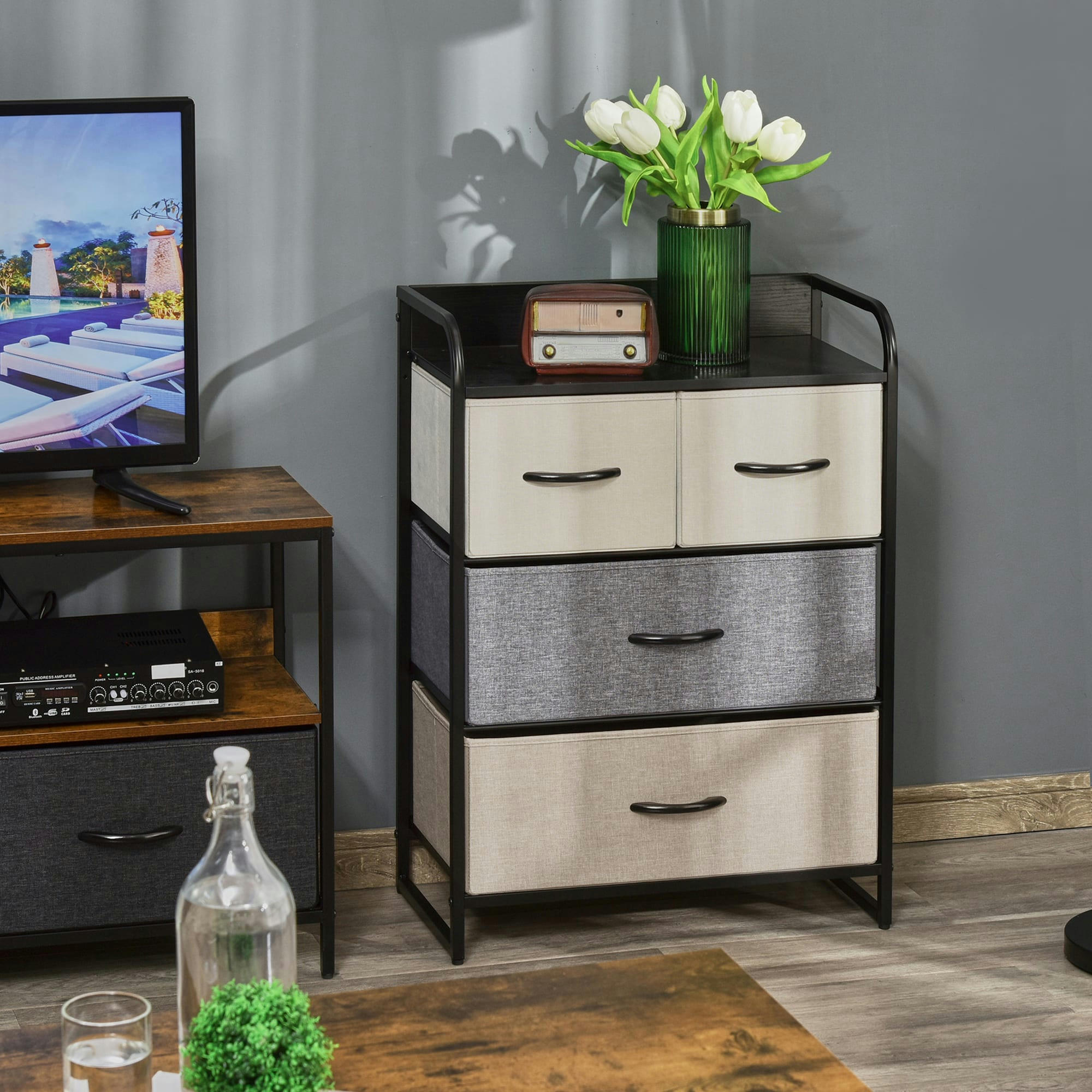 - Commode 4 tiroir tissu gris beige écru châssis métal noir