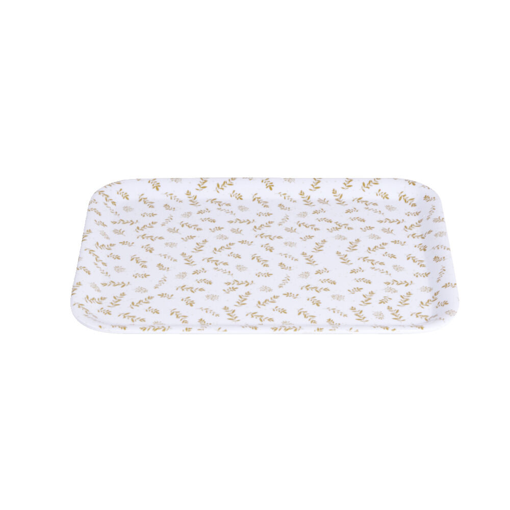 Plateau de service rectangulaire mélaminé blanc motif feuillage doré 21x28cm