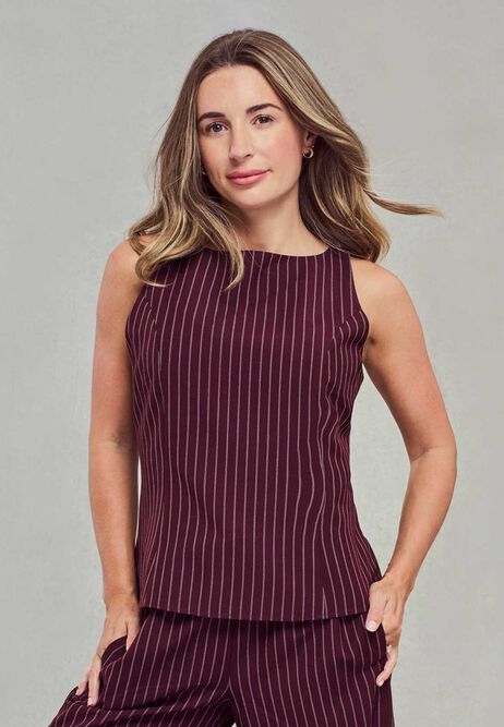 Womens Burgundy Stripe Short Sleeve Shell Top