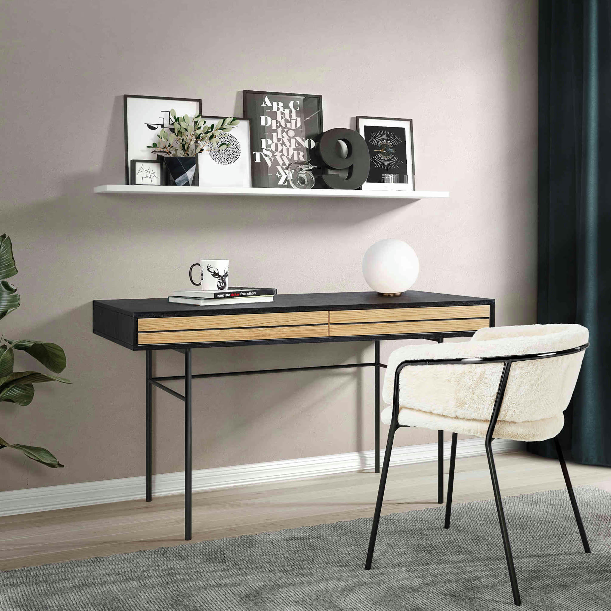 - Bureau avec tiroirs en bois imitation chêne et noir avec pieds en méta