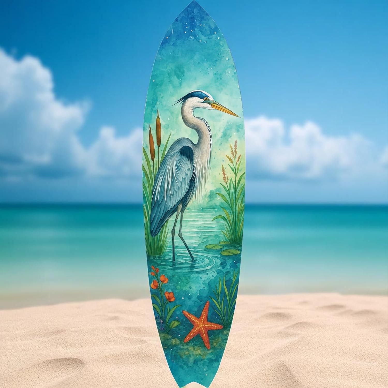 Egret Surfboard Wall Art – Coastal Watercolor Heron Bird Decor – PVC Indoor Outdoor Beach House Art, Ocean Themed