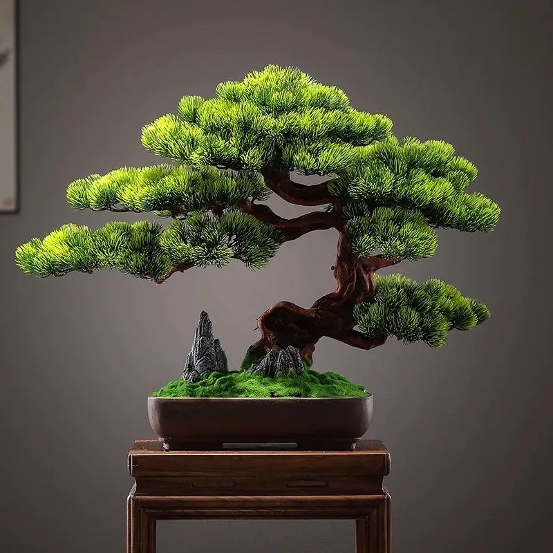 VICKY YAO-Artificial Bonsai Tree Japanese Pine Bonsai Decor Zen Tabletop Sculpture Hotel Lobby Decor Office Decoration W61xH45cm/24”W × 18”H