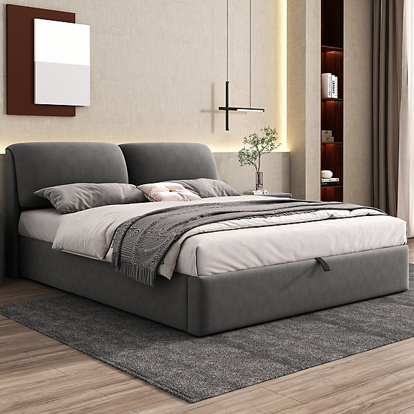 Lit 160x200 cm tapissé velours gris avec coffre hydraulique et 3 tiroirs, tête de lit réglable