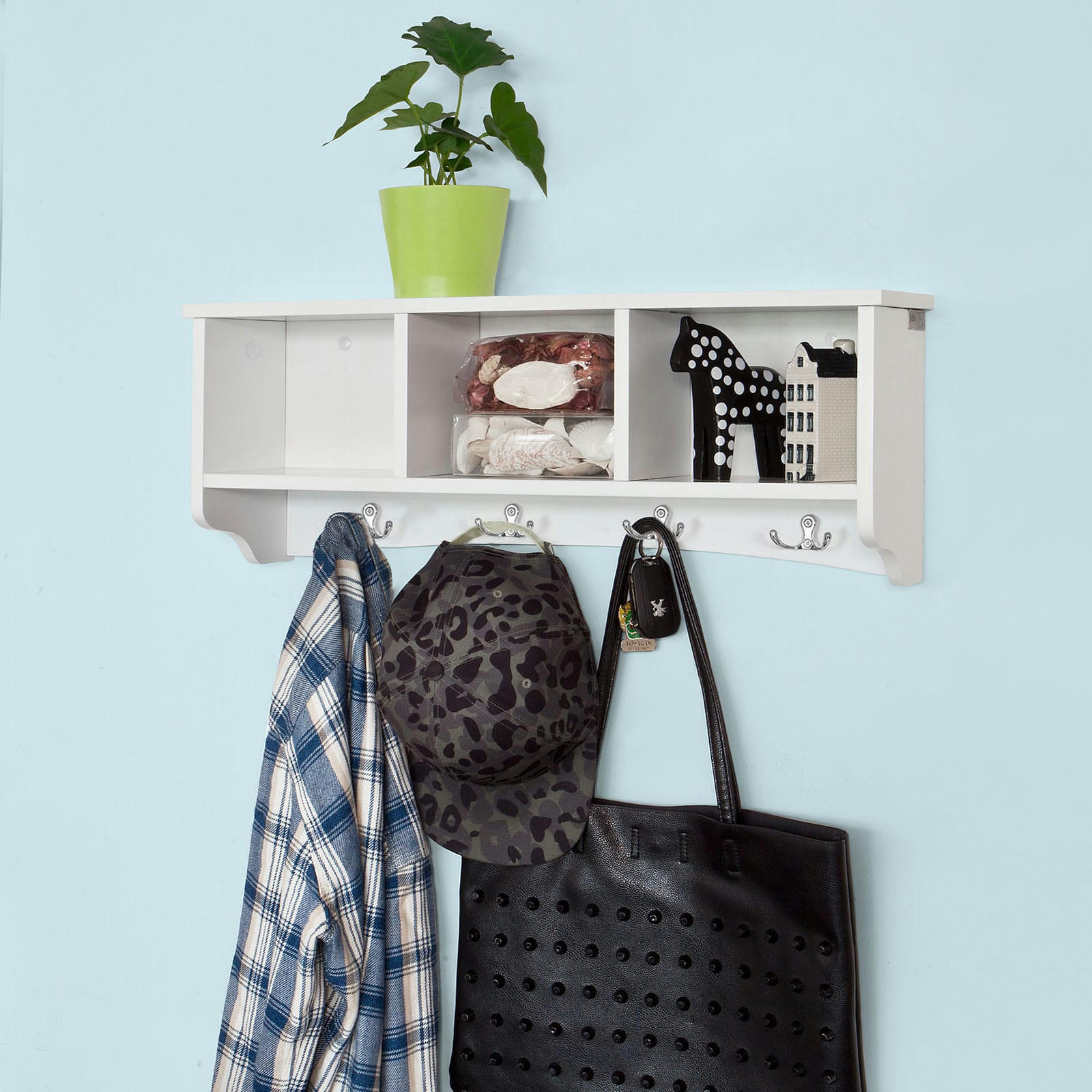 - Porte-manteau 3 compartiments 4 crochets effet bois blanc