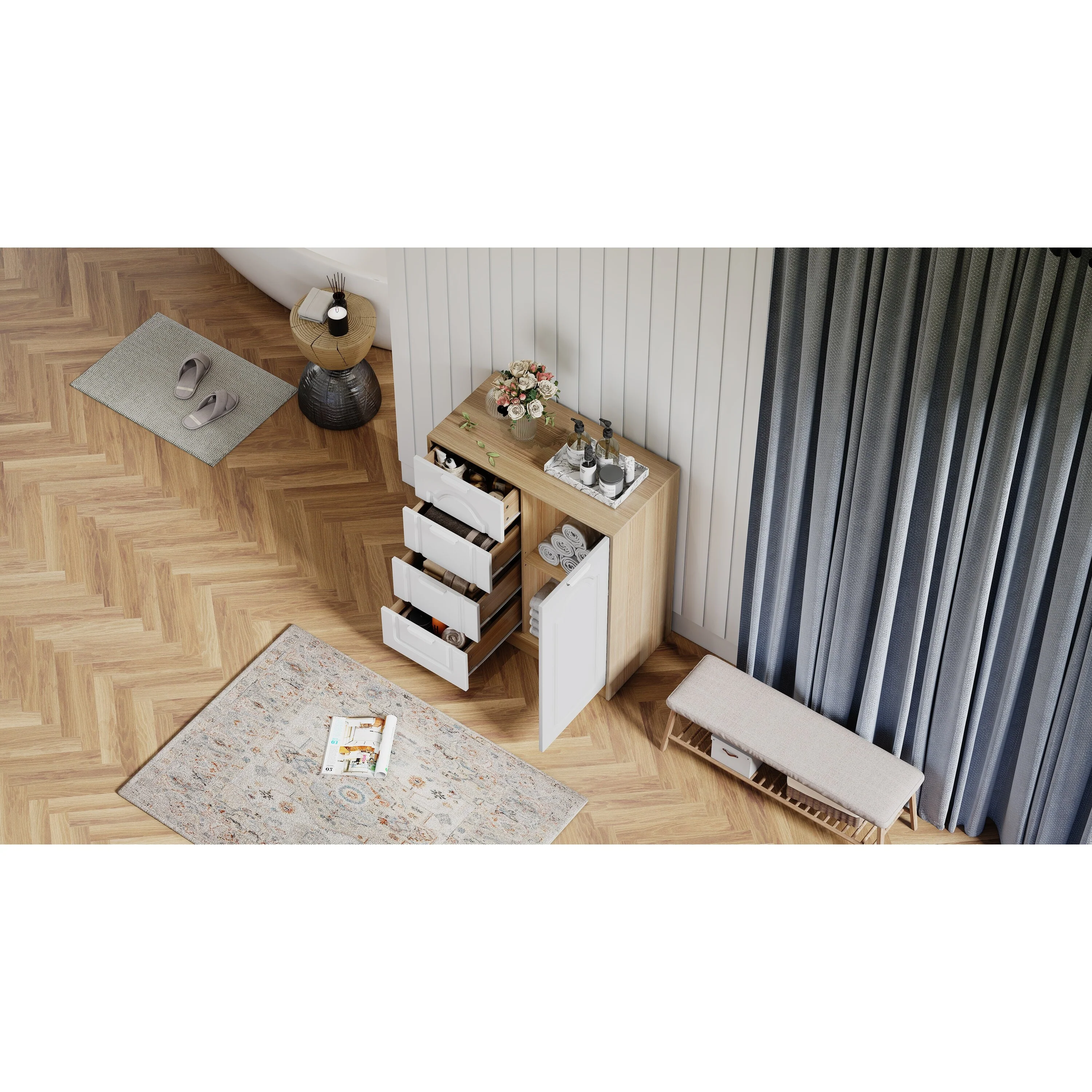 31.5Large Storage Cabinet with Adjustable Shelf, Freestanding Storage Organizer Cabinet with 4 Removable Drawers