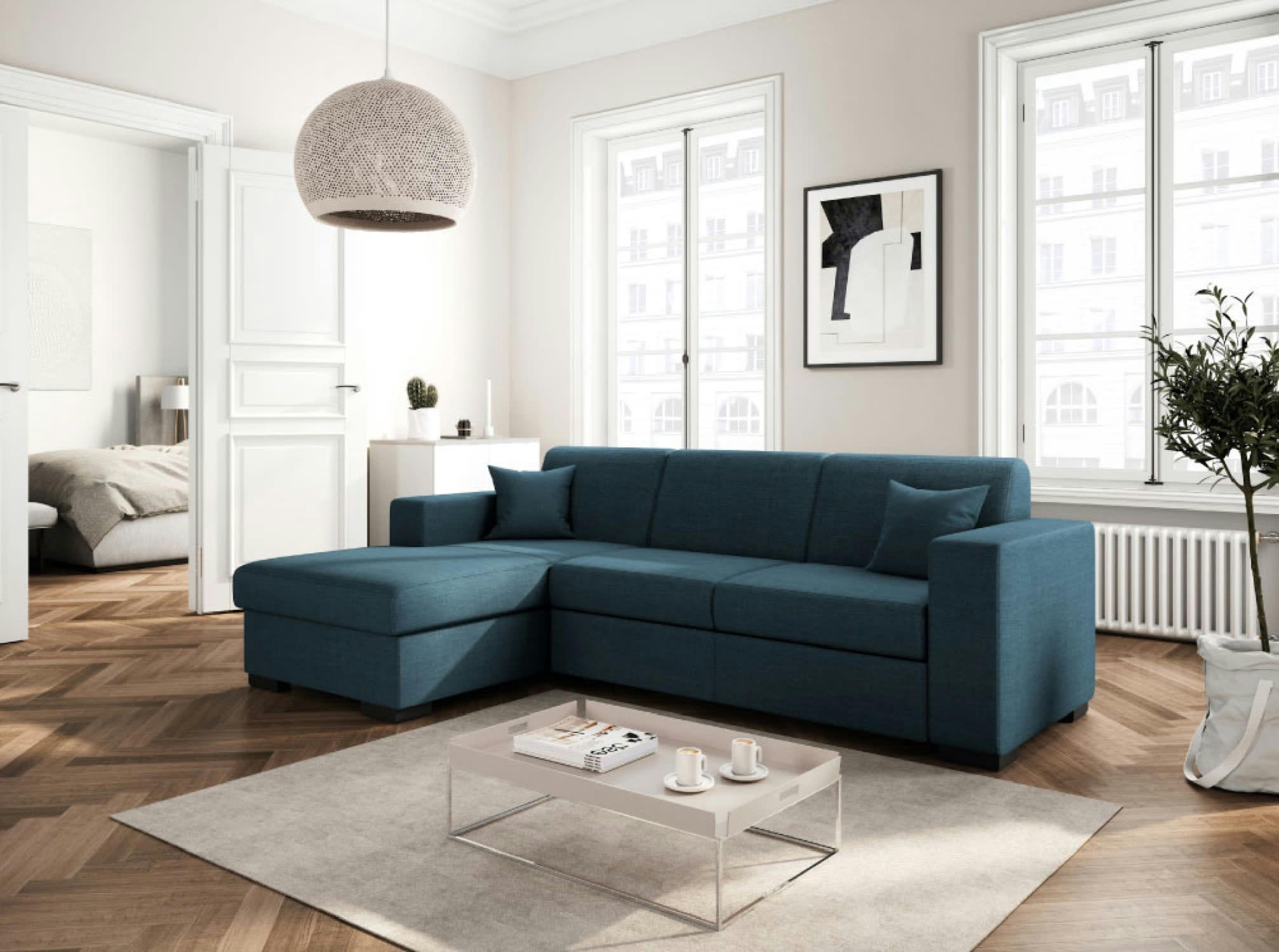 FUJI - Canapé d'angle gauche convertible en tissu bleu