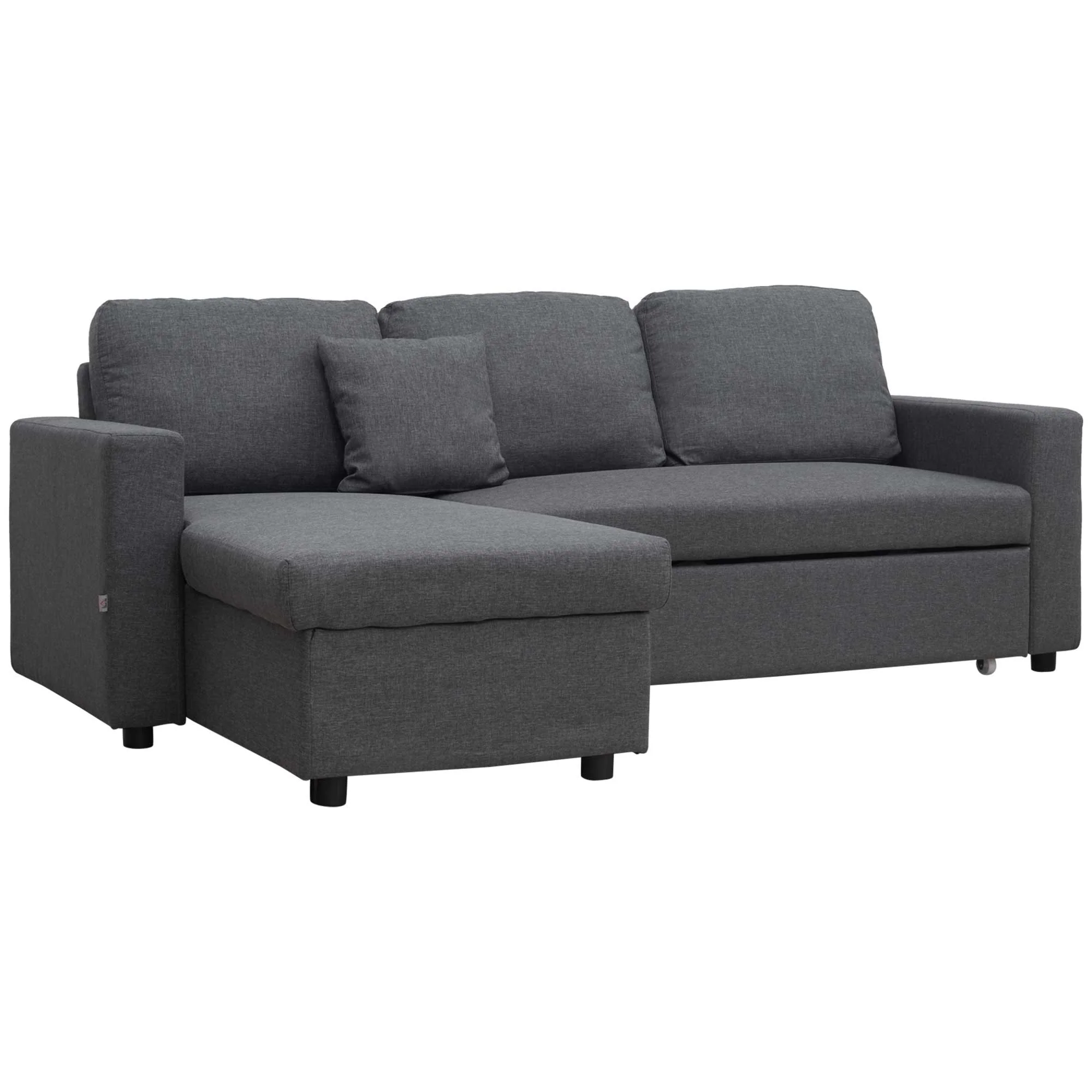 HOMCOM Sectional Sleeper Sofa, Linen Fabric L Shaped Couch with Pull out Bed, Reversible Storage Chaise, 3-seat, Dark Grey
