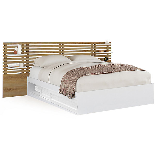 Lit double SAVANA avec tête de lit, chevets, rangements et sommier 140 x 190 cm blanc et façon hêtre