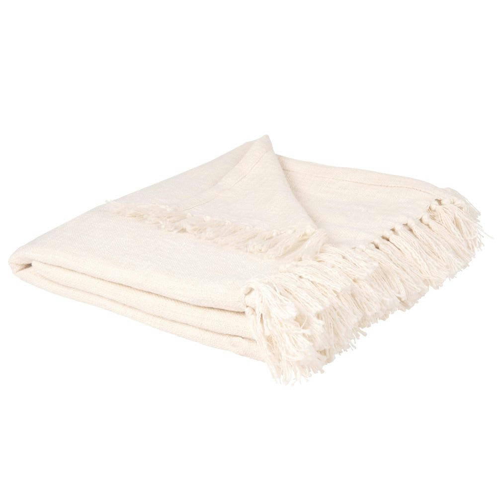 LIMA - Plaid en coton recyclé écru à franges 160x210