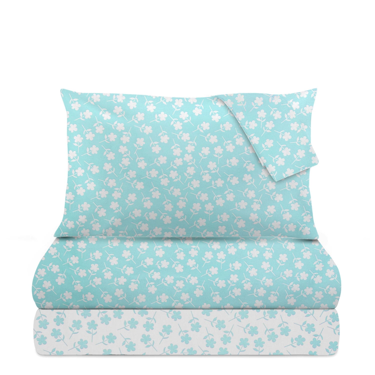 Completo letto singolo poli fiori azzurro