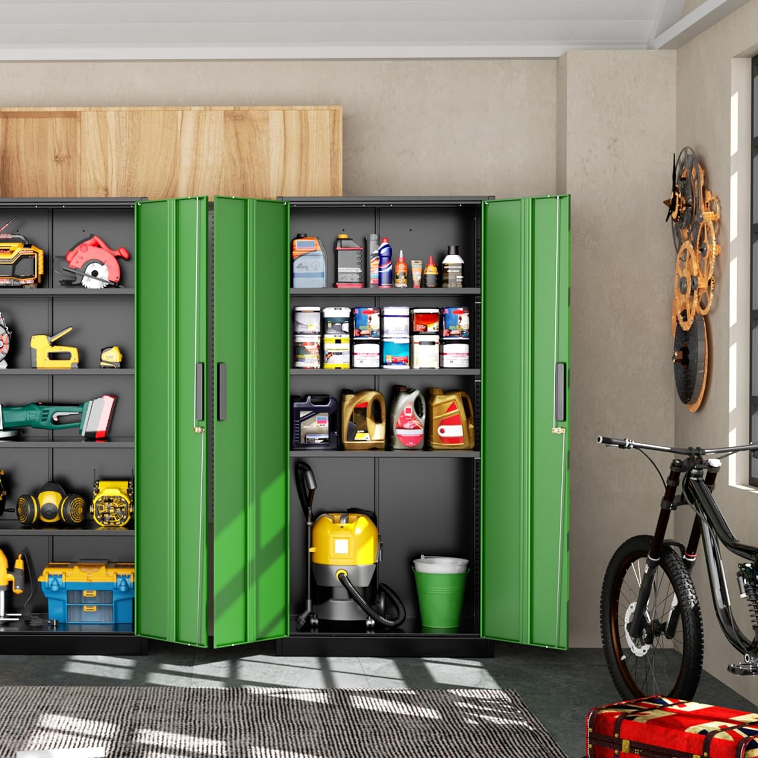 Greenvelly Metal Storage Cabinet, Steel Garage Cabinet with Doors and Adjustable Shelves, Metal Cabinet with Lock,Tall Metal Office Storage Cabinet for Garage,Home Office,School (Black Green)