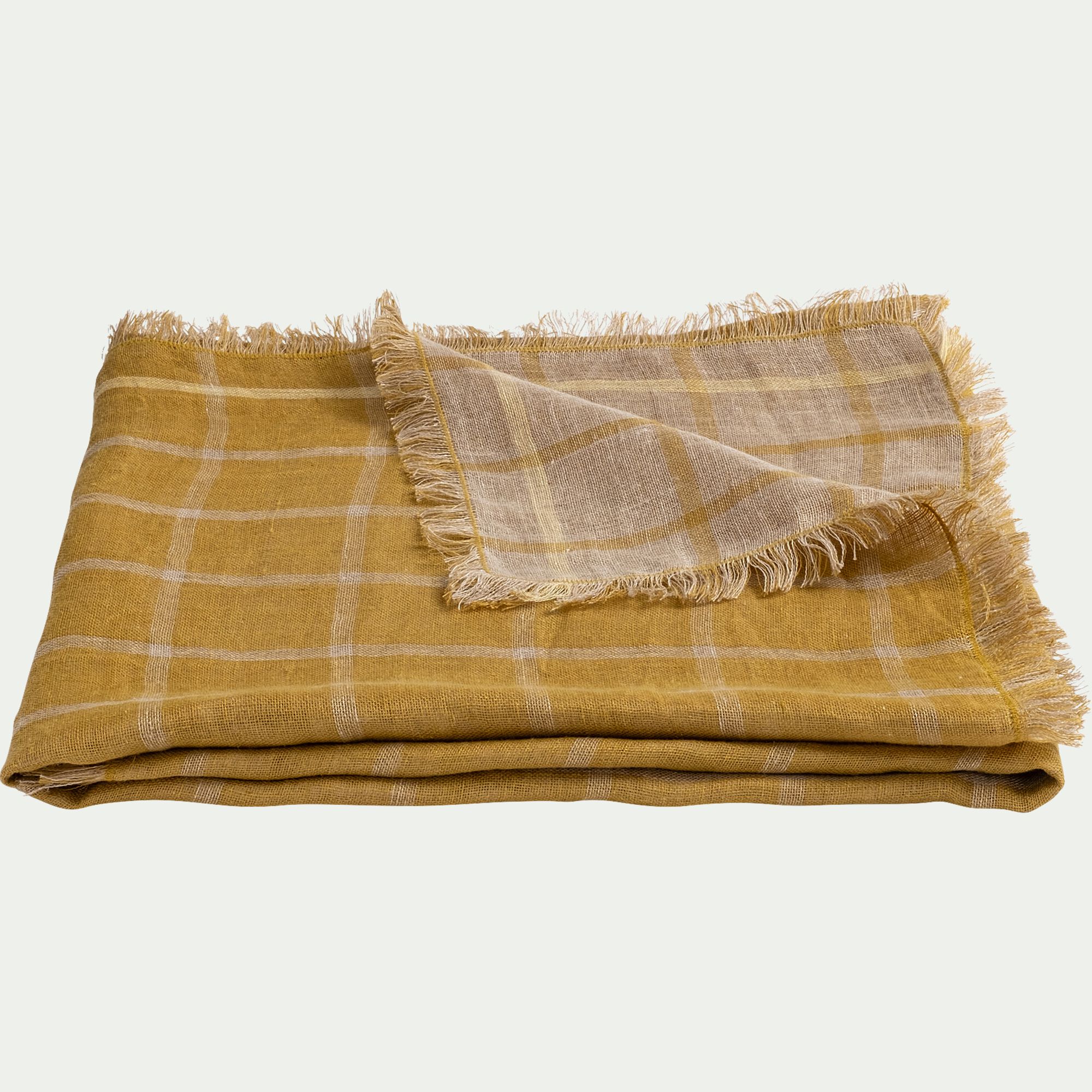 VALBEL - Plaid en lin lavé à carreaux finition franges 130x170cm - jaune