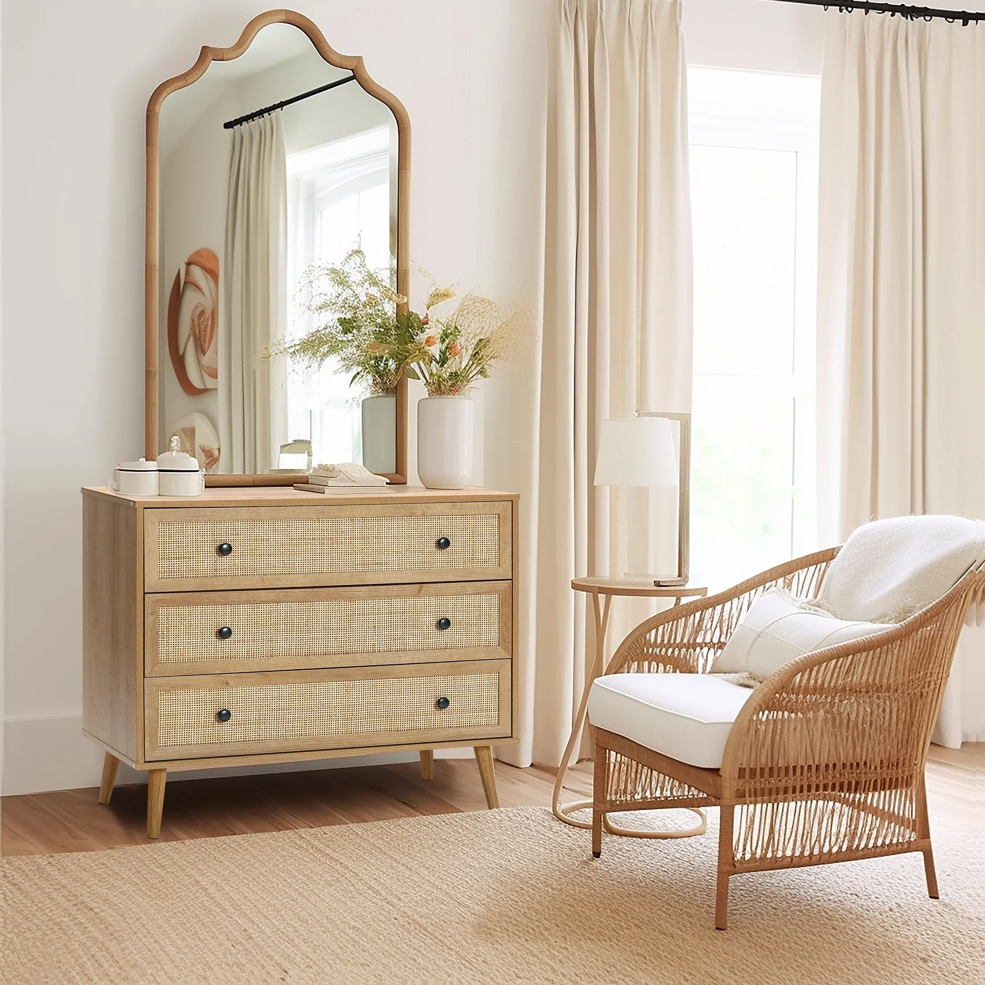 35 Wide 3-Drawer Rattan Light Oak Finish Wood Dresser