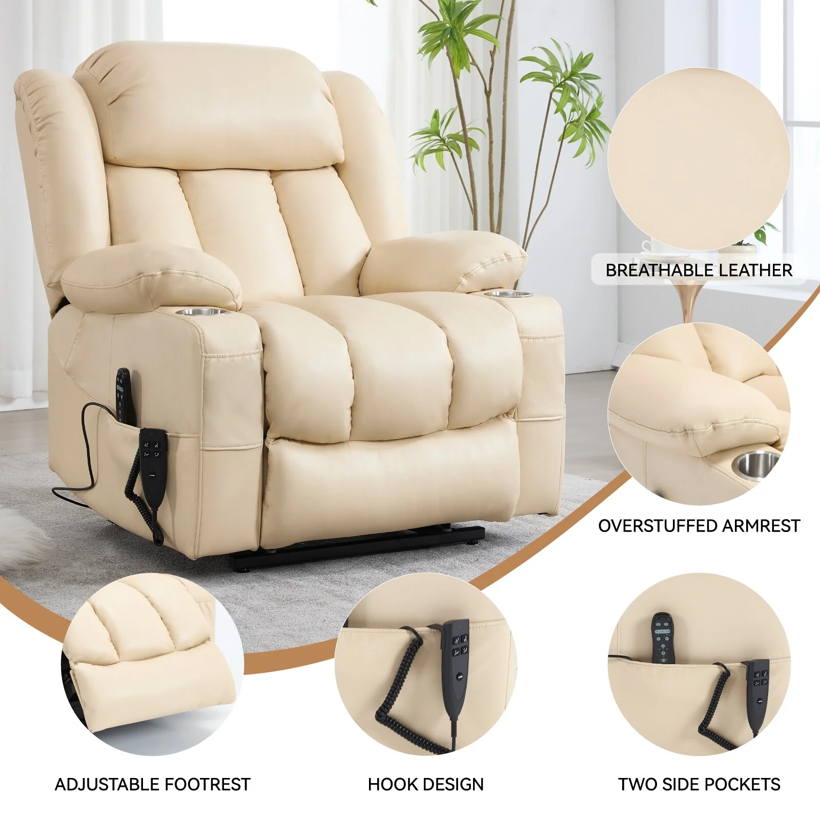 Dual Motor Faux Leather Power Lift Recliner Chair for Adult, Lazy Single Recliner Sofa w/Massage and Lumbar Heat & Cup Holders