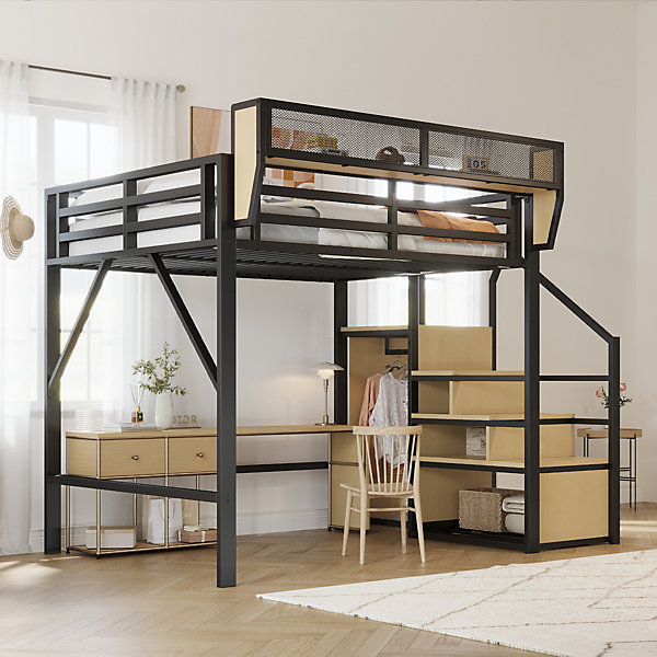 Lit enfant 140x200 cm - Lit Mezzanine avec échelle de Sécurité et Rangement Intégré - Sans Matelas - MDF et Métal, Noir