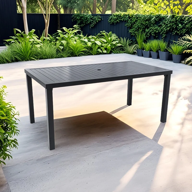 35.5x67 Modern Rectangular Outdoor Patio Dining Table: Post-Leg Design, Adjustable Foot Pads, Umbrella Hole with Cover