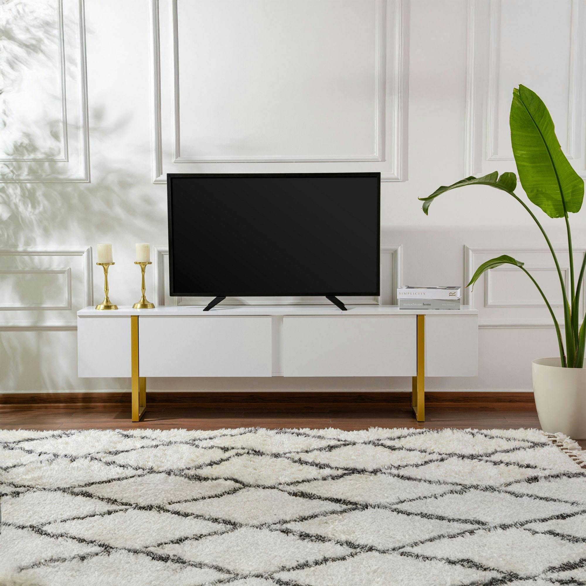 Meuble TV blanc avec rangement - effet laque, pieds dorés JENA