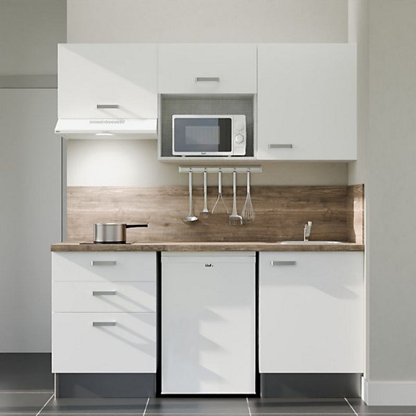 Kitchenette K20 façades Blanc - Plan de travail Bois - Crédences : Oui - Evier inox - Electroménager Blanc inclus