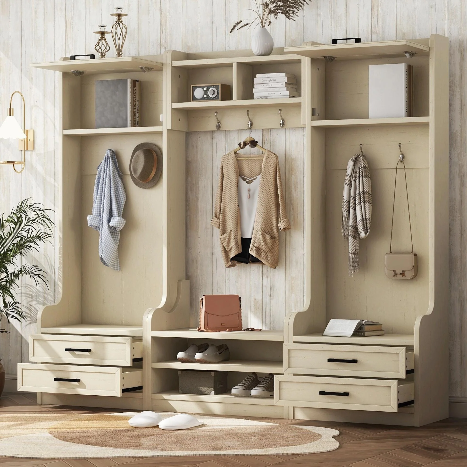 4-in-1 Entryway Hall Tree with Storage, 7 Hooks & Drawers, Beige