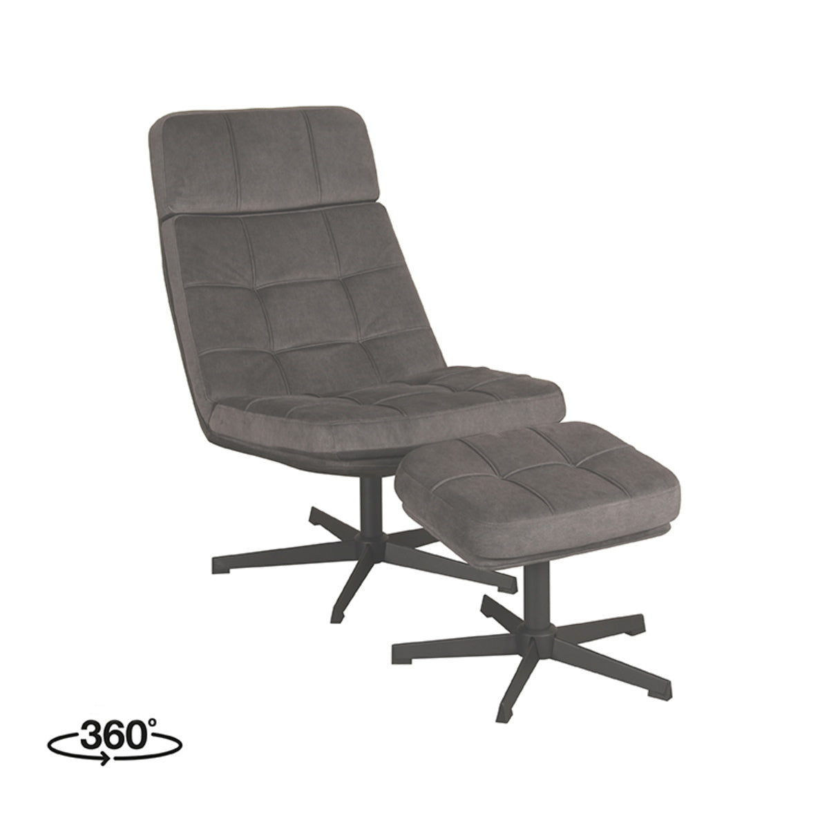 LABEL51 Fauteuil Alvar - Antraciet Stof - Draaibaar - Incl. Hocker