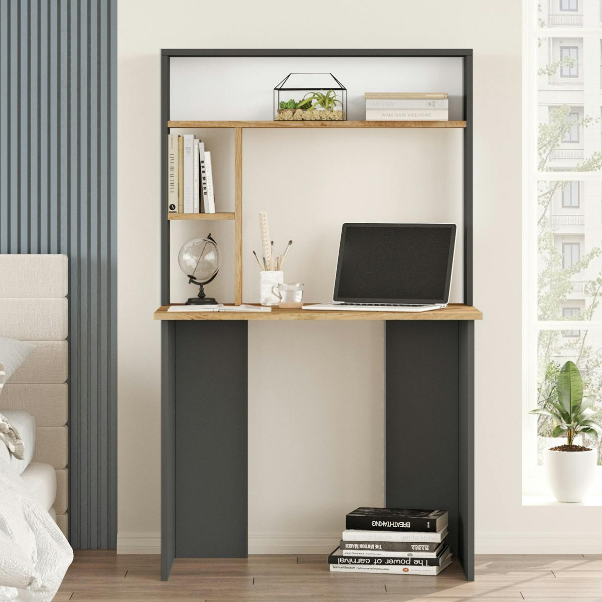 Bureau ado gris décor bois avec rangement haut MARFA