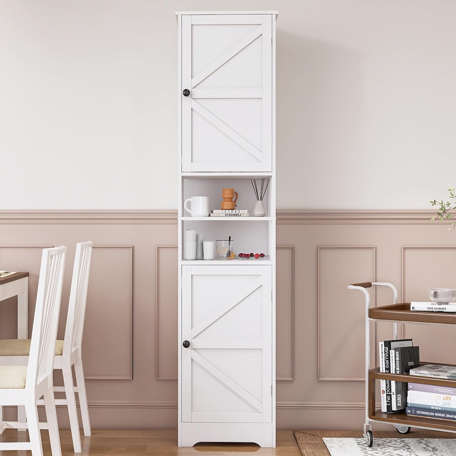Viaozutis Tall Bathroom Storage Cabinet, Vertical Freestanding Organizer with Adjustable Shelf, Slim Design for Small Bathrooms, Towels & Toiletries Storage（White）