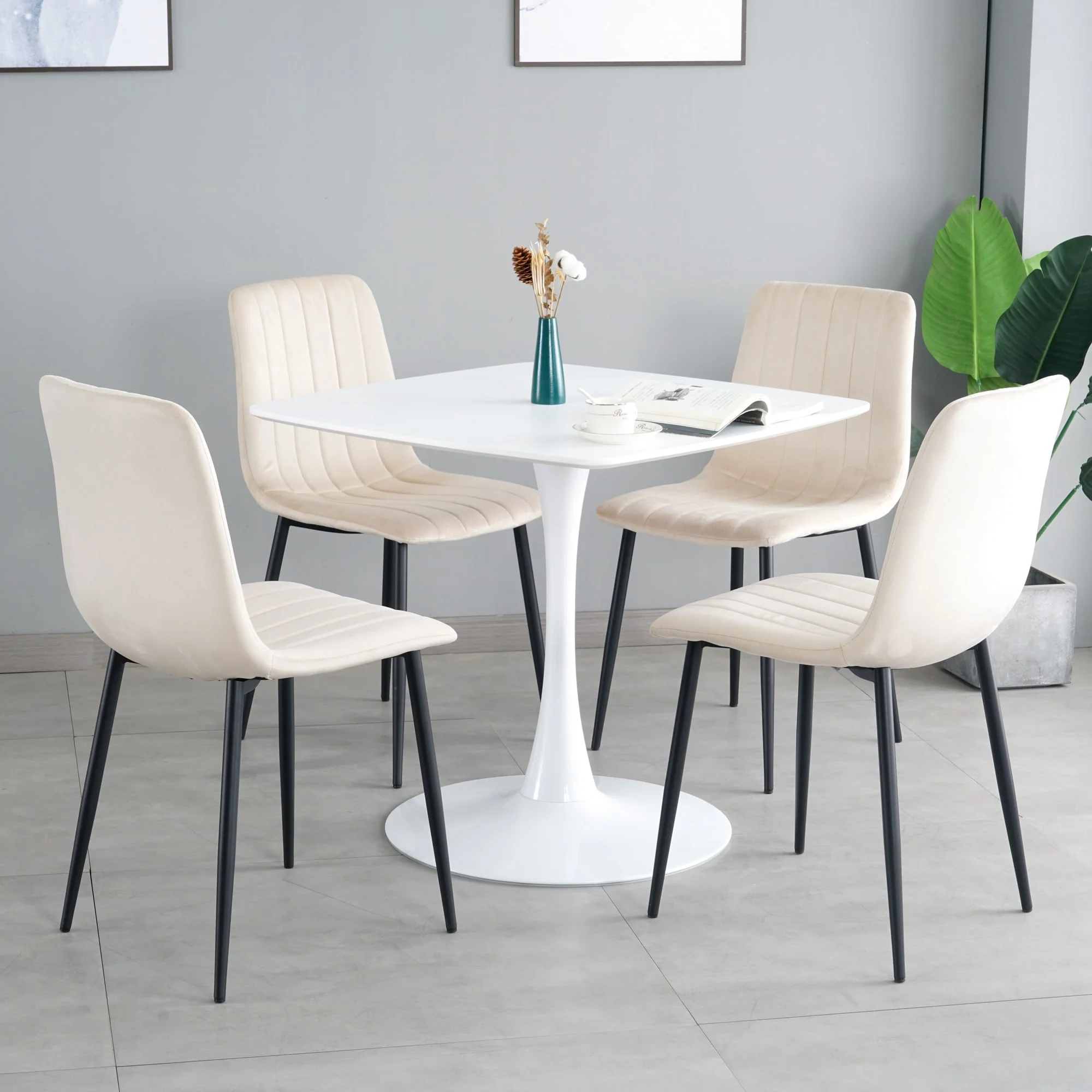 Set of 4 Modern Fabric Upholstered Dining Chair with Wood-Transfer Metal Legs