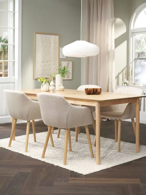 NORDENSKOV L200/280 bord natur eg + 4 ADSLEV stole beige/eg