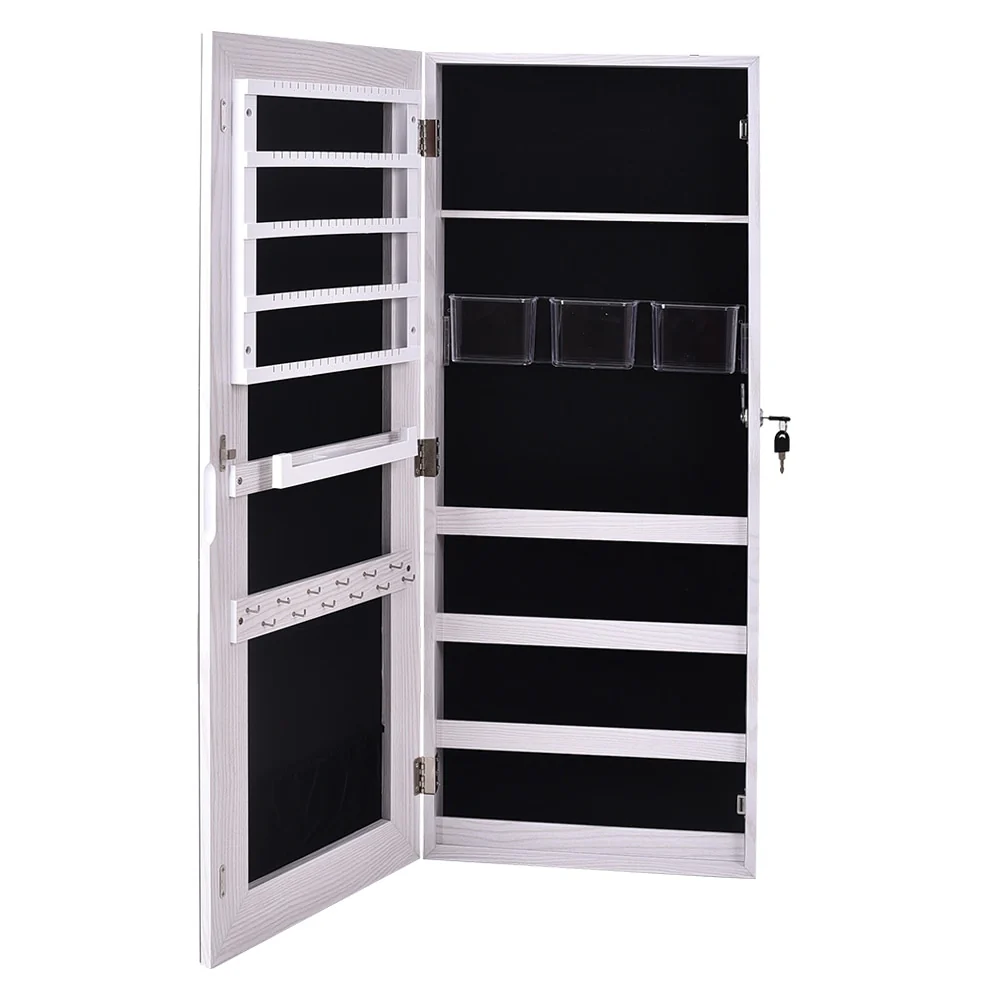 Whole Surface Mirror Wall Hanging Lockable White Jewelry Cabinet