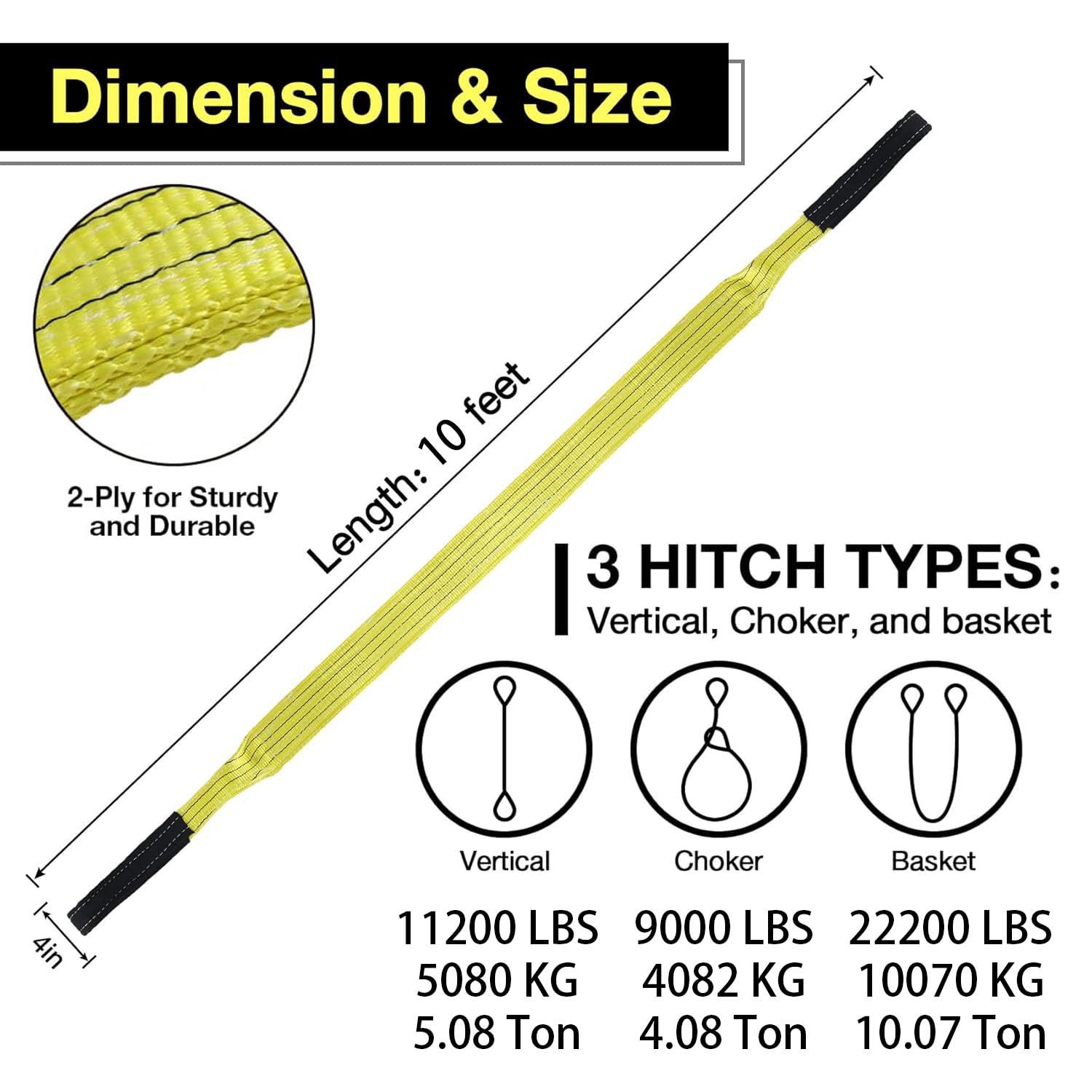 4 x10ft 2-Ply Heavy Duty Lifting Sling Straps 11200 lbs Vertical Nylon Lifting Gear Straps with Flat Eyes, Recovery Tree Saver Strap for Winch, Truck, Towing, Hoisting Off-Road Vehicles