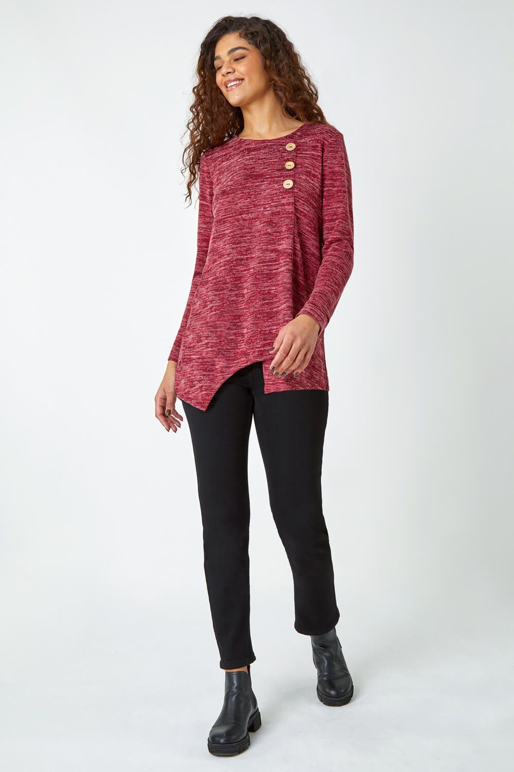 Roman Button Stretch Knit Asymmetric Tunic Top