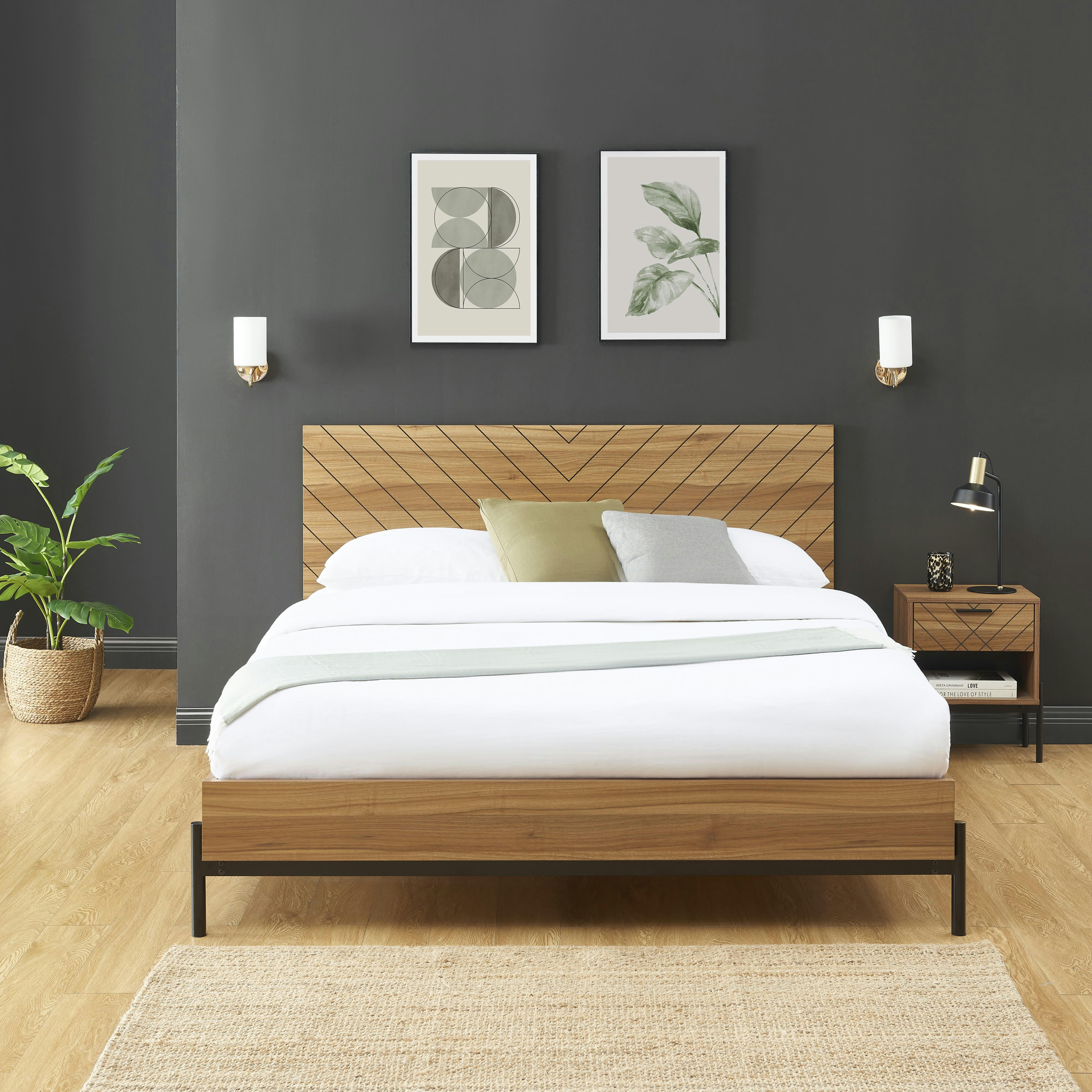 GEOMA - Lit double  effet chêne foncé 140x190 sommier inclus