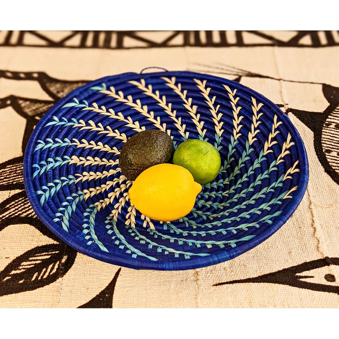 Handmade Coastal Blue White Raffia Wall Fruit Basket Large