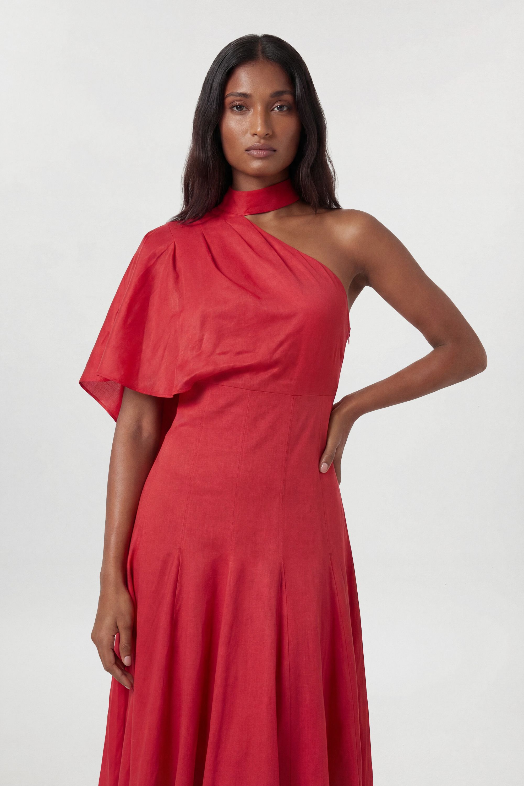 KarenMillen Premium Tailored Linen High Neck One Shoulder Full Midi Dress