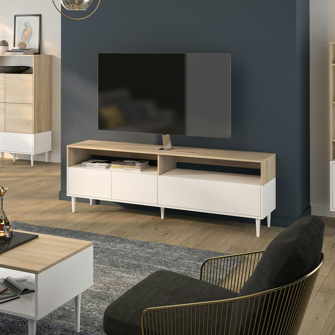 HORIZON - Meuble TV effet bois blanc et chêne naturel