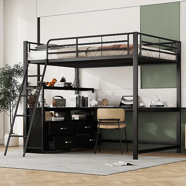 Lit Mezzanine 140x200 cm - Lit Double avec Bureau en L et Rangements Intégrés - Métal   MDF - Sans Matelas - Noir