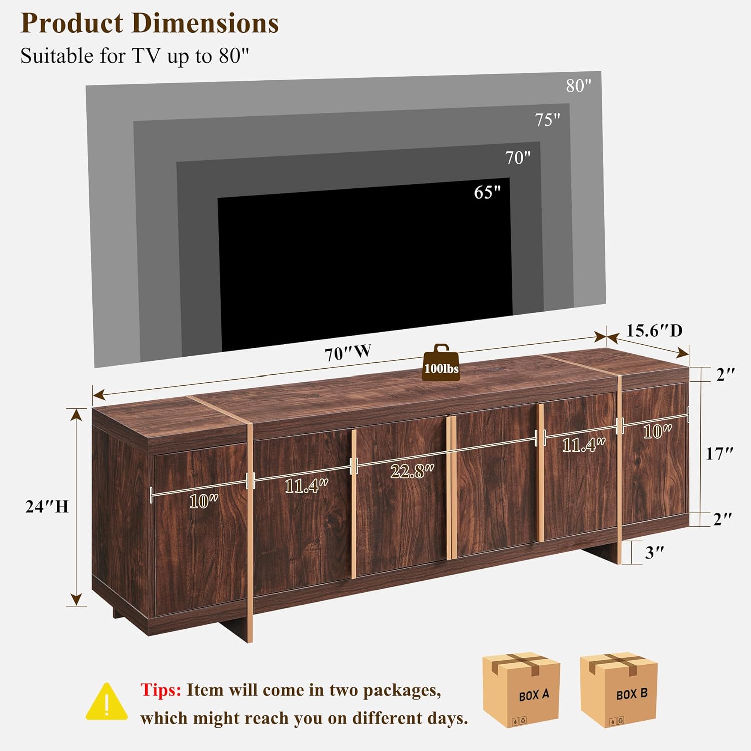OKD Modern 70 TV Stand,Entertainment Center for TVs Up to 80,TV Console with Storage,Integrated Plinth,Handle-Free Hidden Doors Design,Media Console for Living Room,Bedroom(Dark Walnut)
