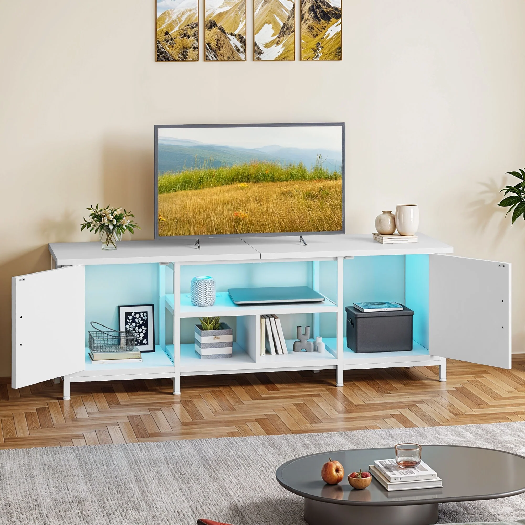 Moasis Farmhouse TV Stand with LED & Charging, Storage Cabinet and Shelves for TVs up to 70, Black