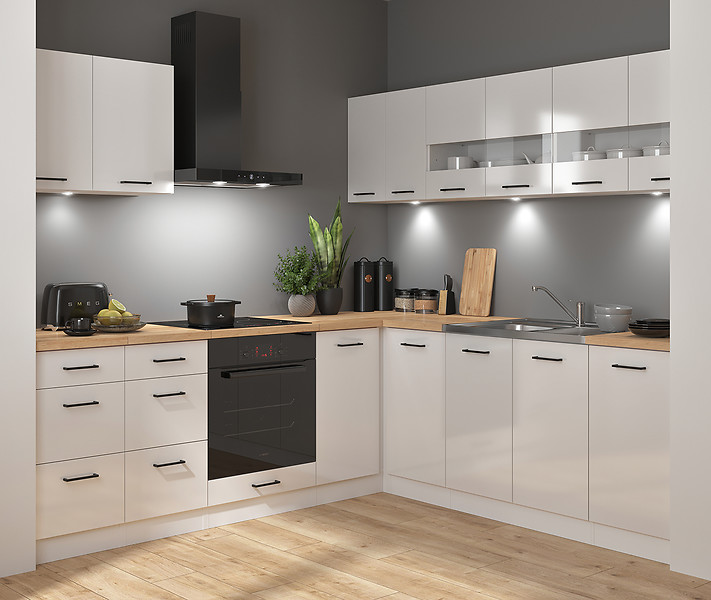 Komplet kuchenny narożny Junona Line 220x220 kredowy połysk bez blatu