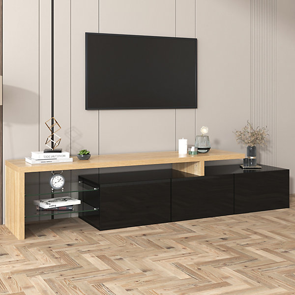 Meuble TV 197,5 Cm Avec étagères En Verre Et éclairage LED,3 Portes, Aspect Bois, Noir