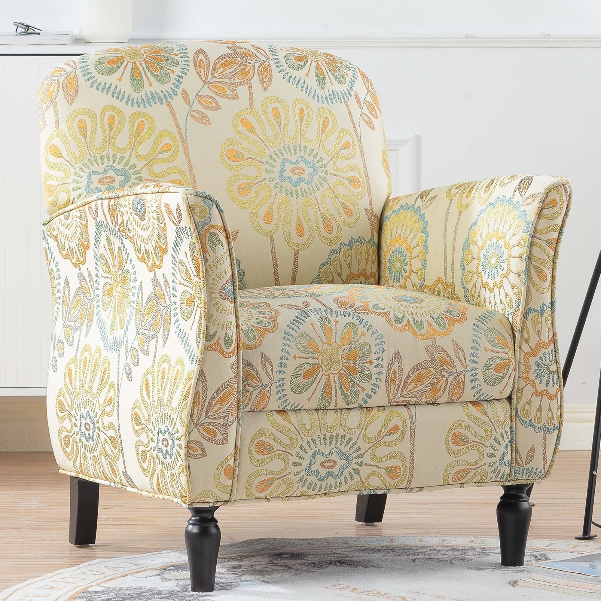 Floral Upholstered Accent Chair with Solid Wood Legs