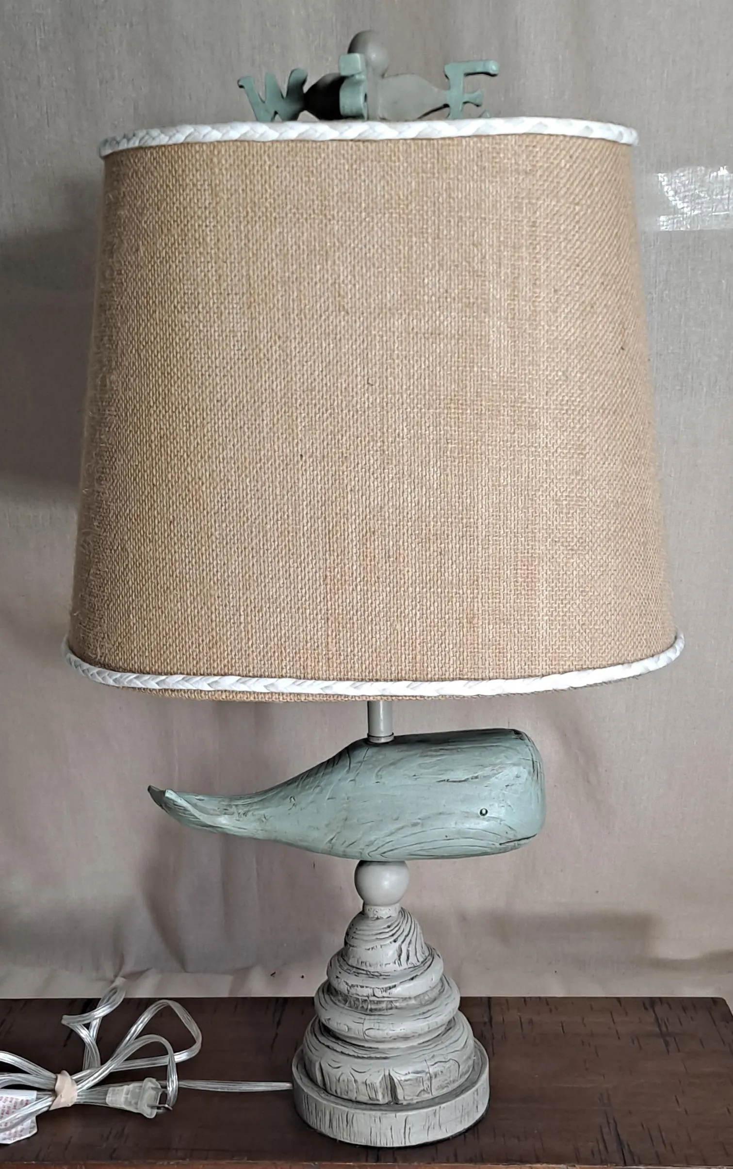 Whale Table Lamp | Coastal Nautical Decor | Distressed Aqua Whale Lamp | Burlap Shade | Weather Vane Finial | Refined Coastal